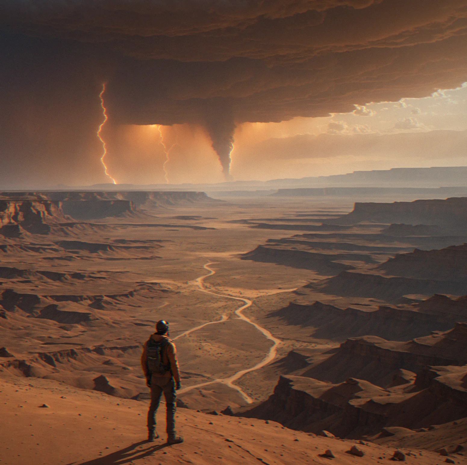 A solitary explorer stands on a rust-colored plateau as a distant dust storm approaches across a barren landscape, with layered canyon walls visible in soft amber light