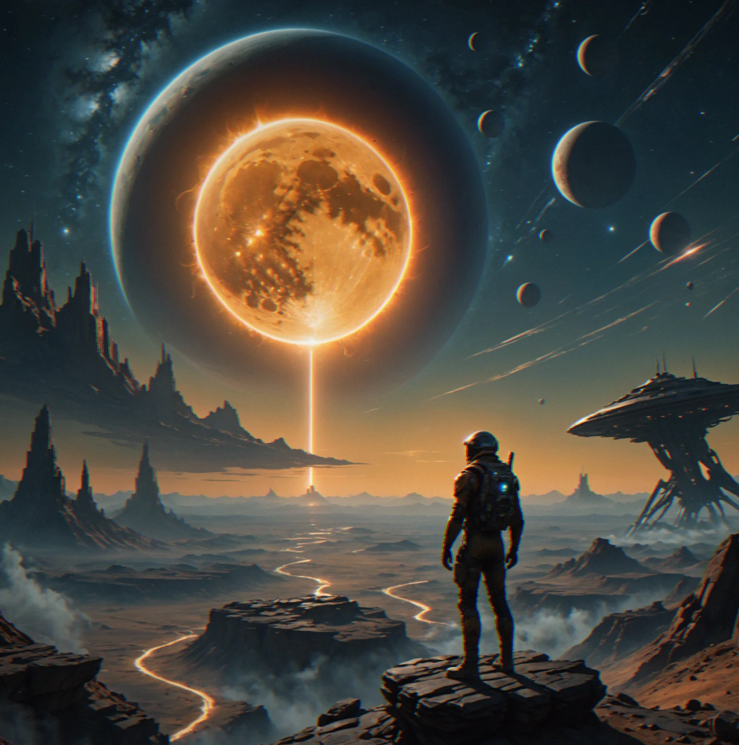 A beacon structure stands silhouetted against a distant star, rising up from the edge of a plateau with canyon walls layered out across the horizon behind it