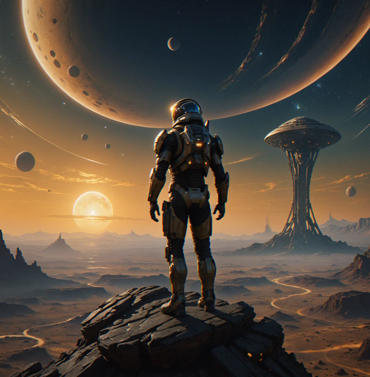 Two moons coming up over a crystalline landscape as it gets dark, shadows stretching long across mineral formations with a beacon glowing somewhere in the distance