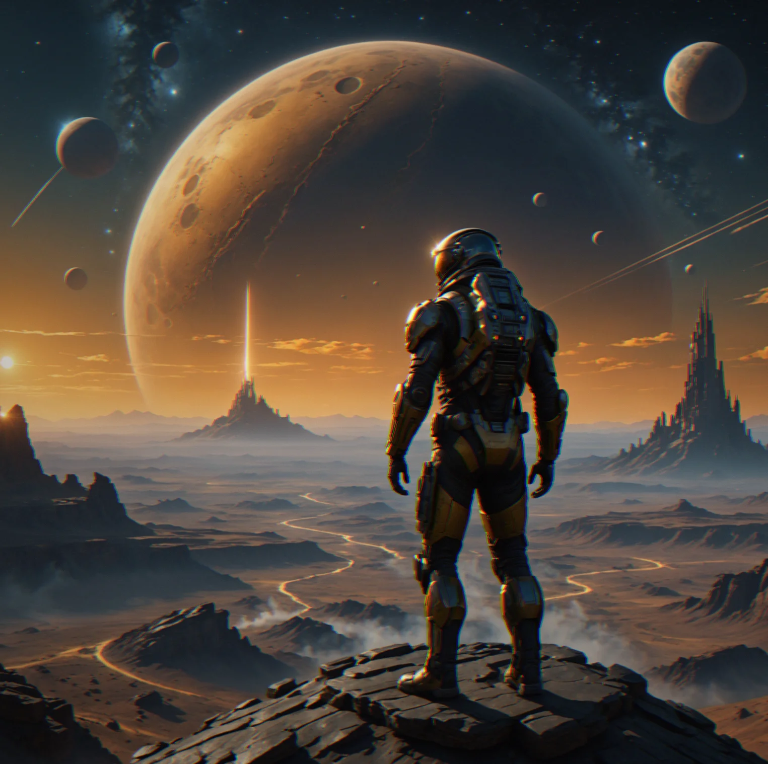 A storm system visible from up in orbit, dust clouds swirling across the planetary surface with several beacon locations marked down below