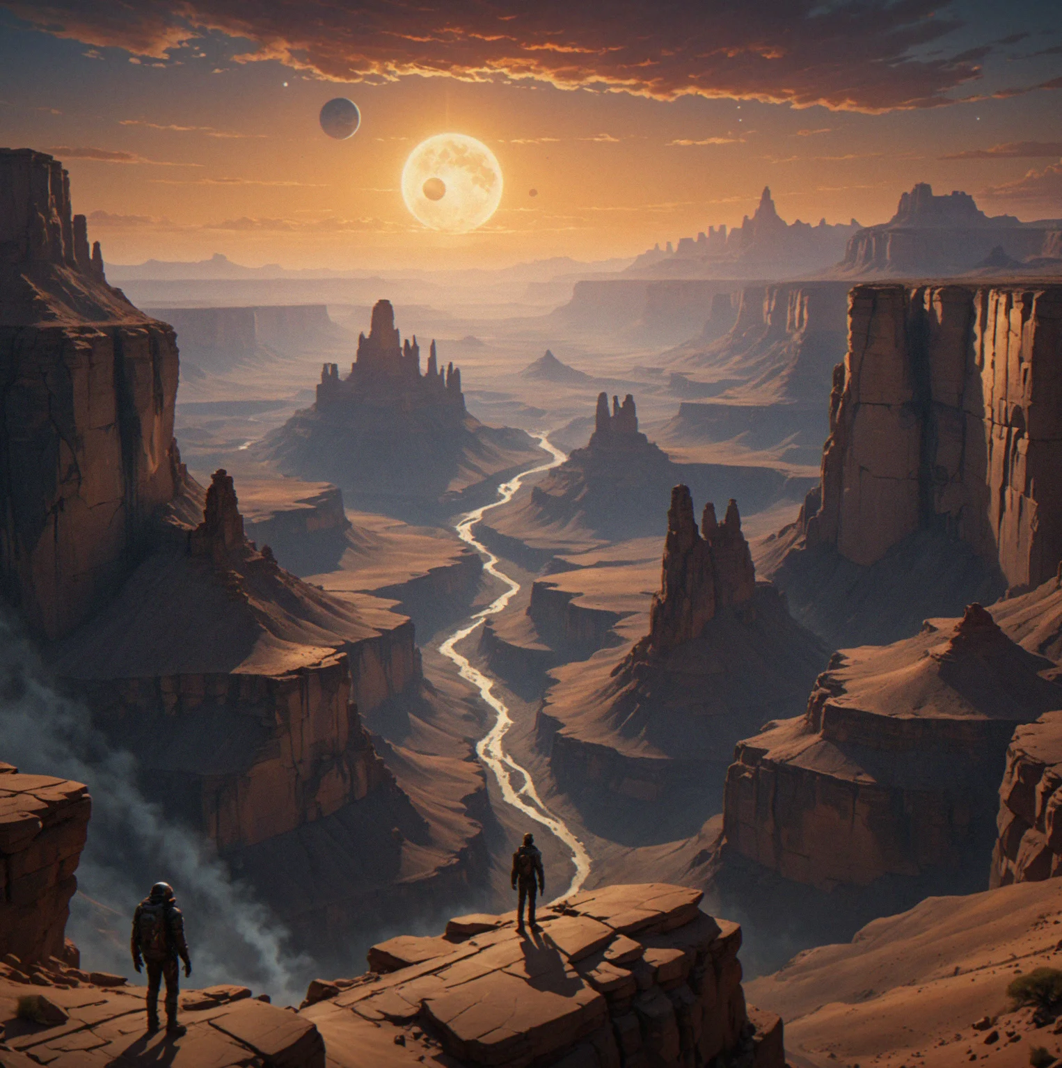 A vast canyon with towering cliff faces and mountains in the distance. A tiny figure stands at ground level so you can see the scale.