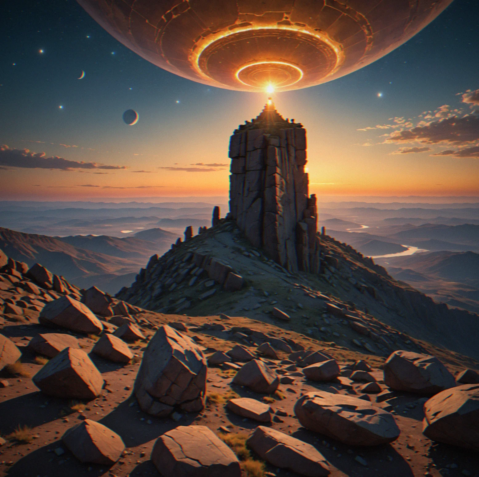An old beacon sits on a rocky ridge at sunset with ancient patterns carved into it and crystals scattered around the base