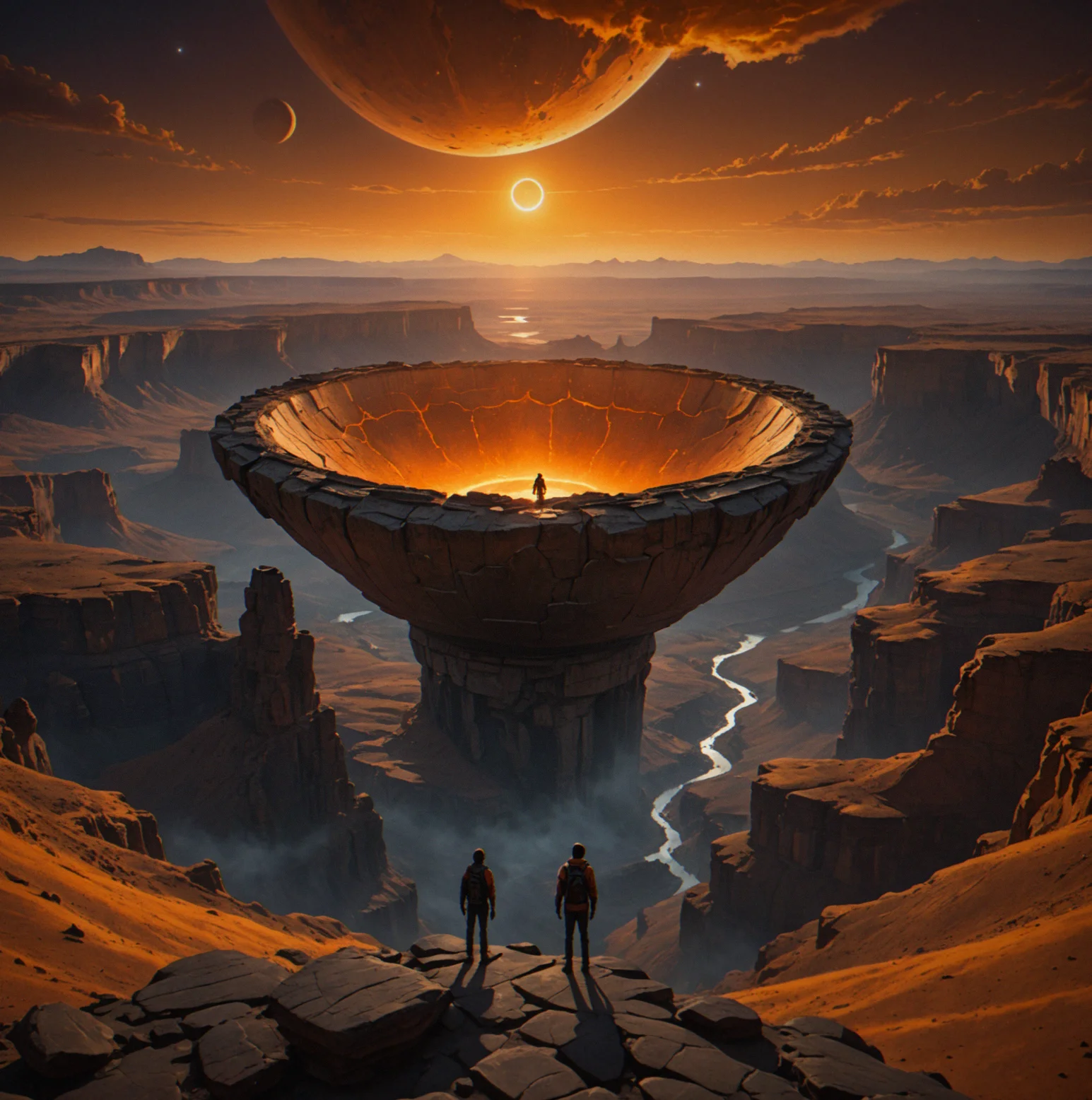 A massive stone bowl carved into the landscape, layered cliffs glowing orange in the fading light with a single person standing in the middle