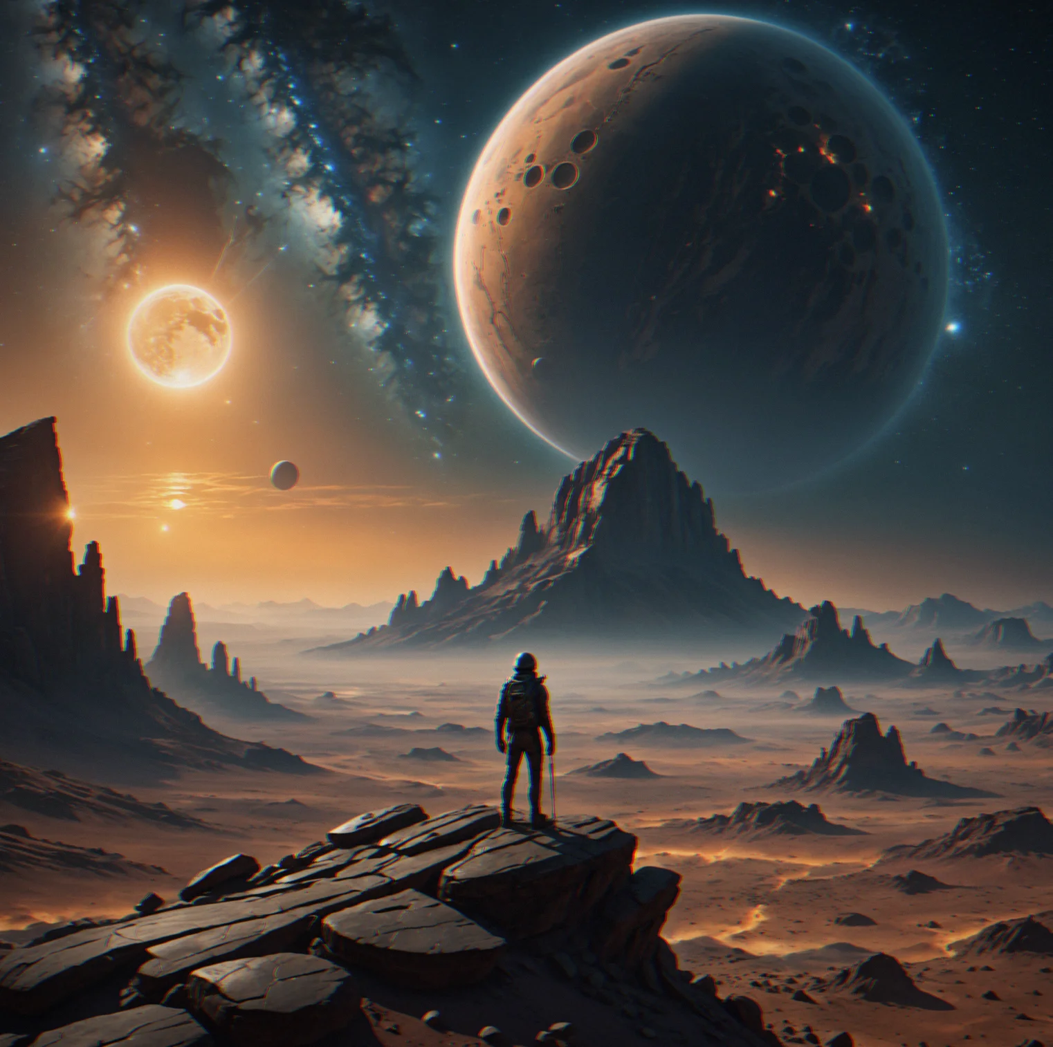 Someone alone on a huge planet with giiant rocks above them and stars everywhere