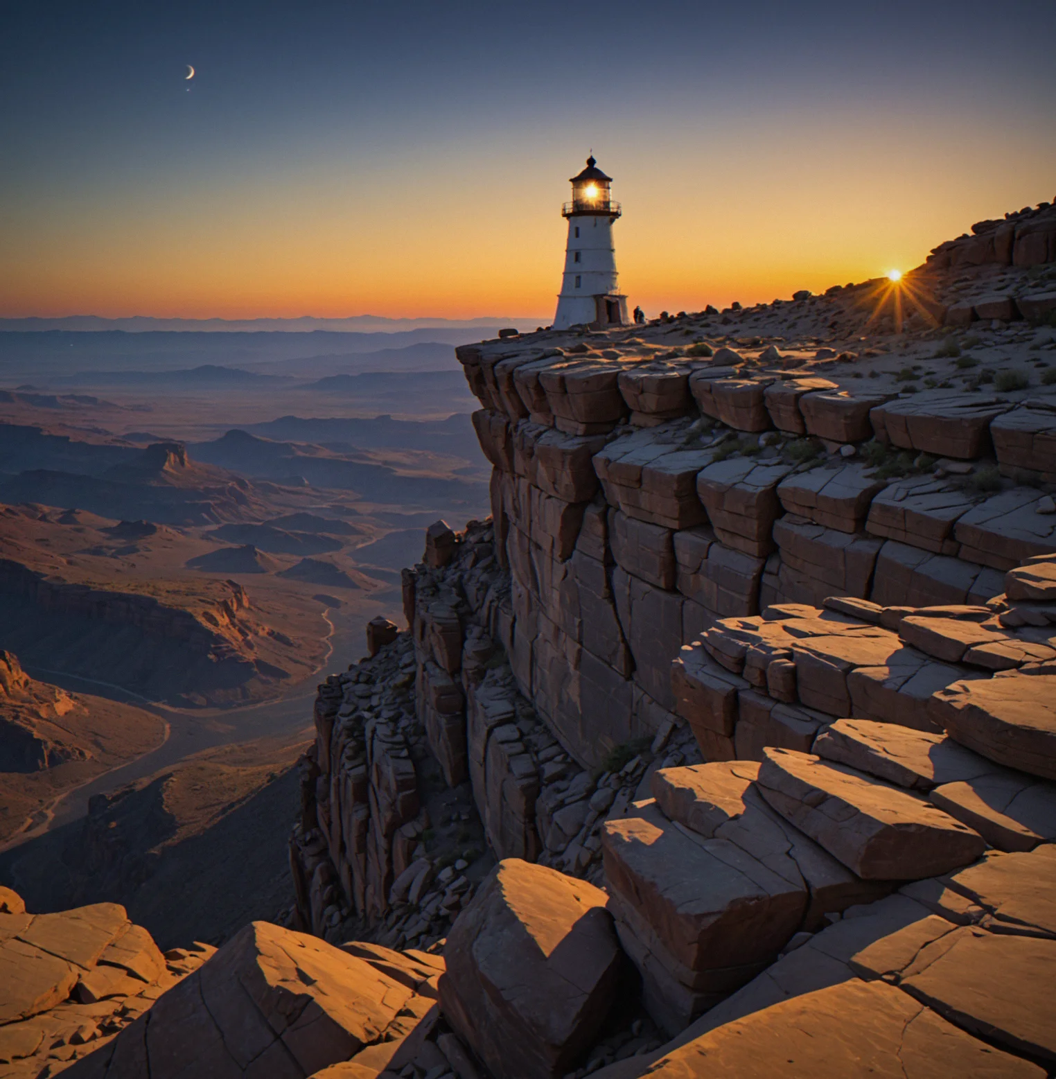 An old beacon structure giving off a soft glow on bare rock as the sun goes down