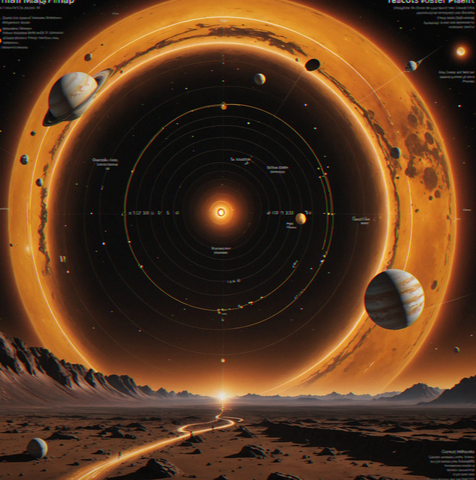 Orbital map showing trajectories between planets with beacon locations glowing in soft amber