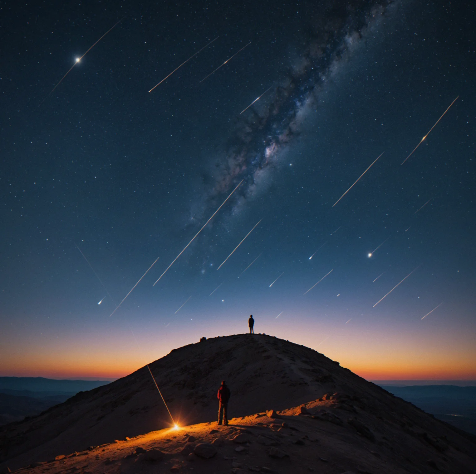A beacon glowing in twilight with orbital paths showing as faint lines across the stars above